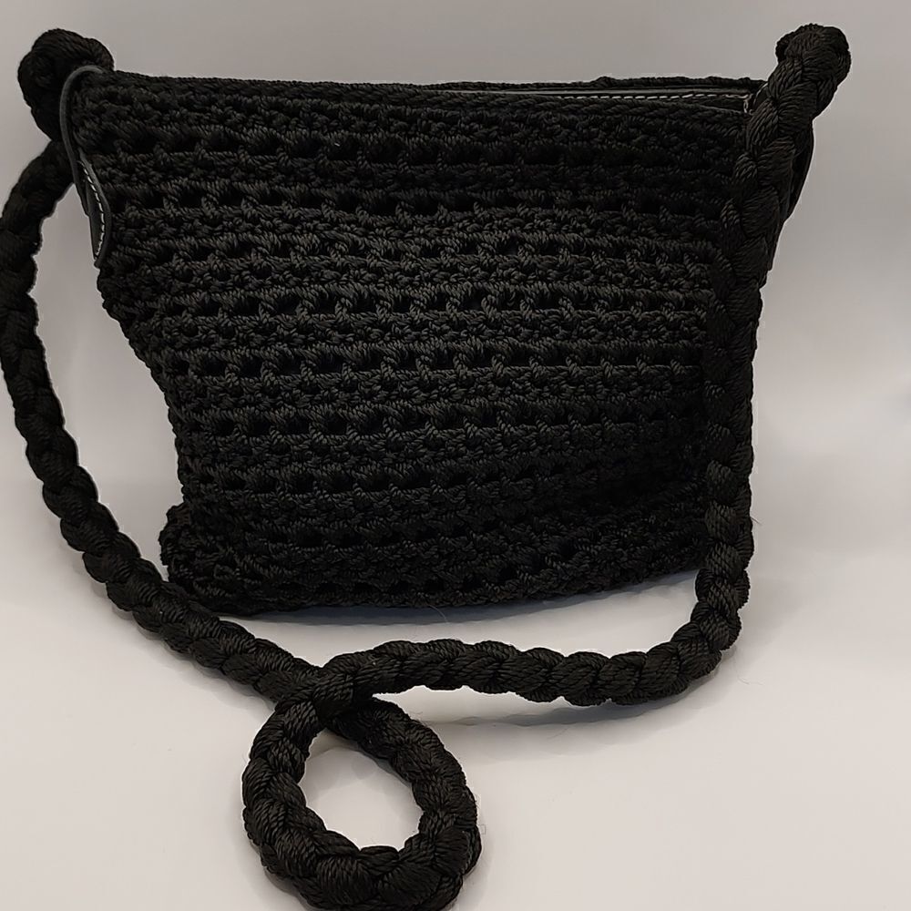 Luxy Black Crochet and Leather Shoulder Bag